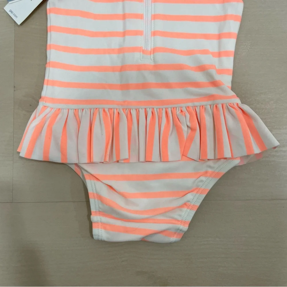 NWT Baby Gap Girl's 0-6 Month Stripe Peplum Swim Suit 0ne Piece Ruffle Orange